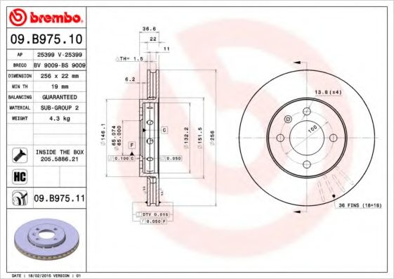 Тормозной диск BREMBO 09.B975.11 COATED DISC LINE