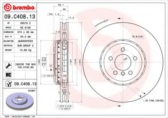 Тормозной диск BREMBO 09.C408.13