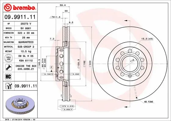Тормозной диск BREMBO 09.9911.11 - Фото 1