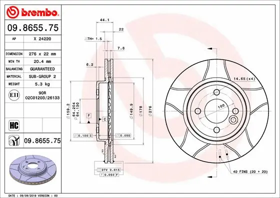 Тормозной диск BREMBO 09.8655.75 - Фото 1