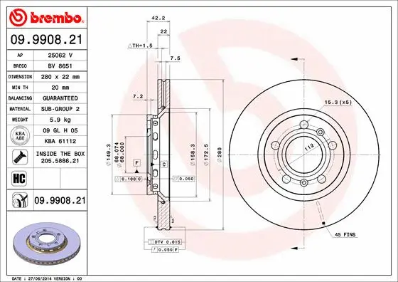 Тормозной диск BREMBO 09.9908.21 - Фото 1