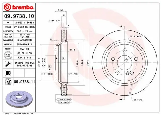 Тормозной диск BREMBO 09.9738.11 - Фото 1