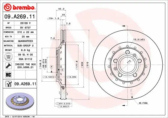 Тормозной диск BREMBO 09.A269.11 - Фото 1