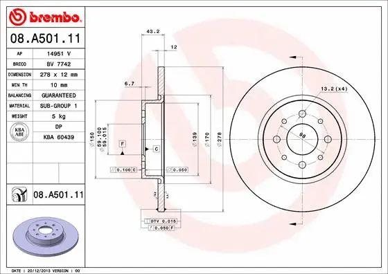 Тормозной диск BREMBO 08.A501.11 - Фото 1