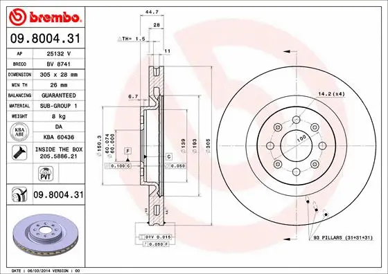 Тормозной диск BREMBO 09.8004.31 - Фото 1