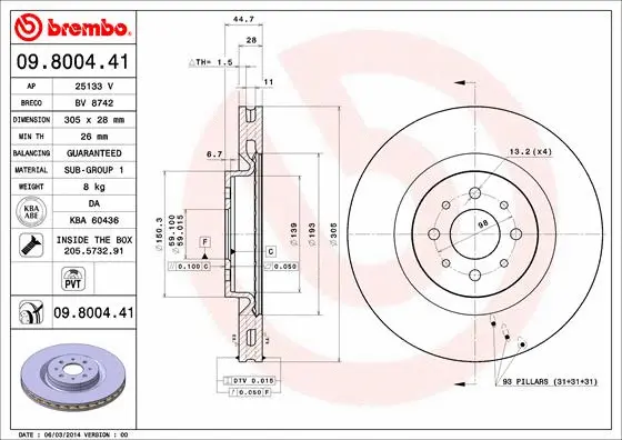 Тормозной диск BREMBO 09.8004.41 - Фото 1