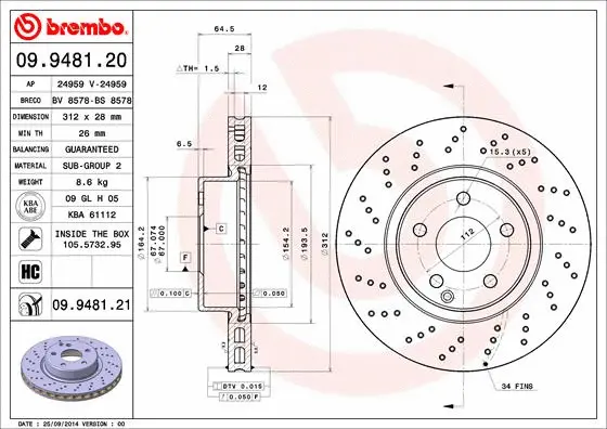 Тормозной диск BREMBO 09.9481.21 - Фото 1