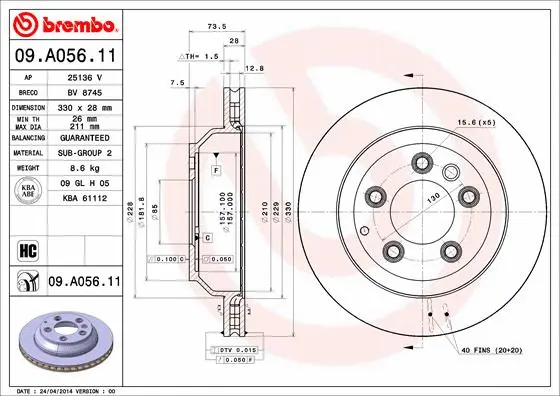 Гальмівний диск BREMBO 09.A056.11 - Фото 1