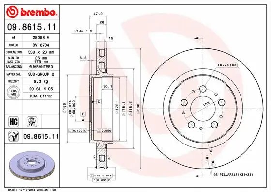 Тормозной диск BREMBO 09.8615.11 - Фото 1