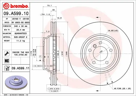 Тормозной диск BREMBO 09.A599.11 - Фото 1