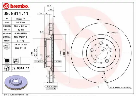 Тормозной диск BREMBO 09.8614.11 - Фото 1