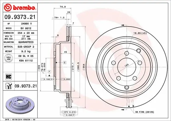 Гальмівний диск BREMBO 09.9373.21 - Фото 1