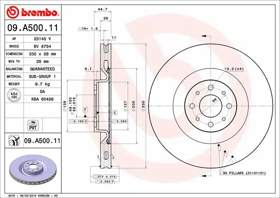 Тормозной диск BREMBO 09.A500.11 - Фото 1