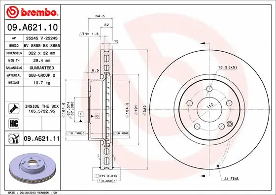 Тормозной диск BREMBO 09.A621.10 - Фото 1
